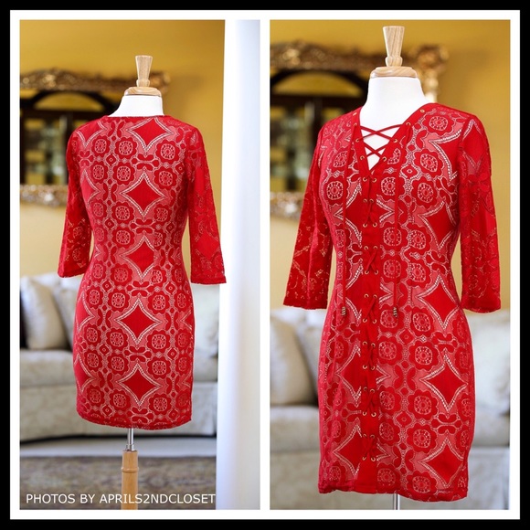 RED LACE UP V-NECK 3/4 SLEEVES MINI DRESS A2C - Picture 2 of 8